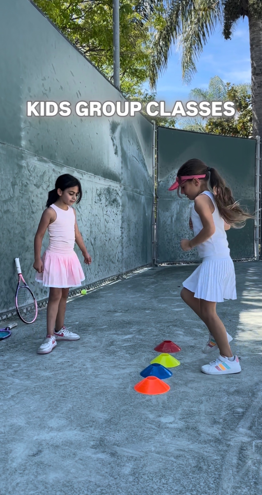 Kids group class footwork drill with cones